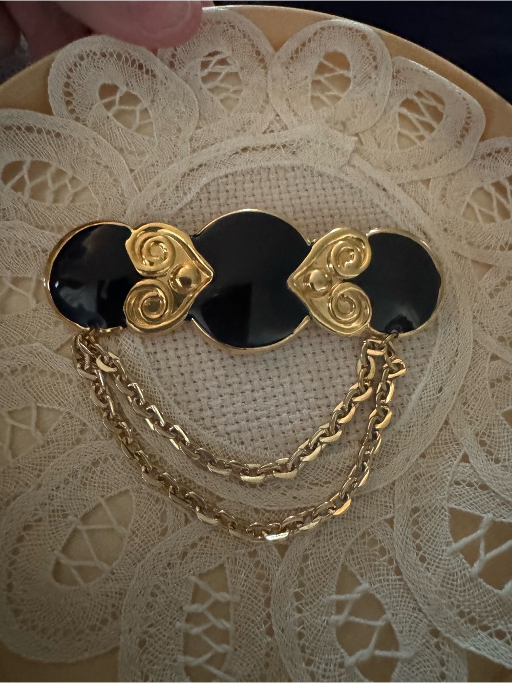 Vintage Gold and Black Enamel Linked Brooch with Draped Chains